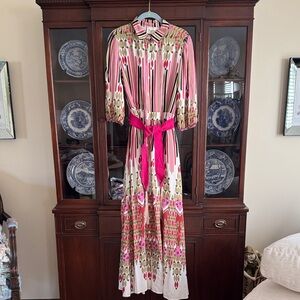 Pink Patterned Maxi Shirt Dress with Belt